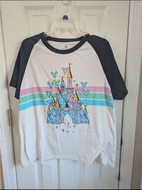 Disney White & Black Raglan Tee with Pastel Castle Graphic